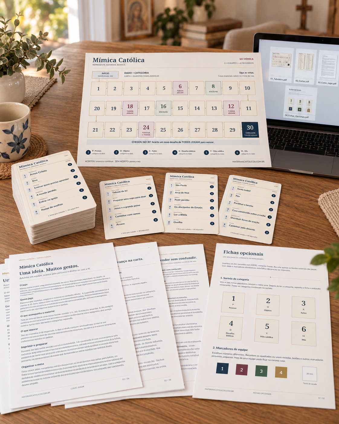 Conjunto completo: cartas, tabuleiro, guia, fichas e arquivos digitais.